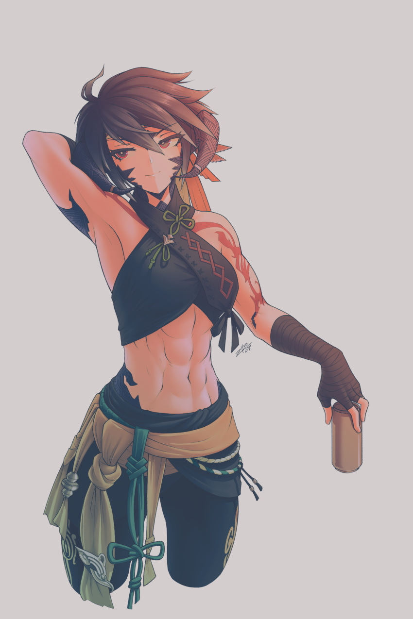 1girl, abs, arm_behind_back, arm_tattoo, bandaged_arm, bandages, black_hair, black_pants