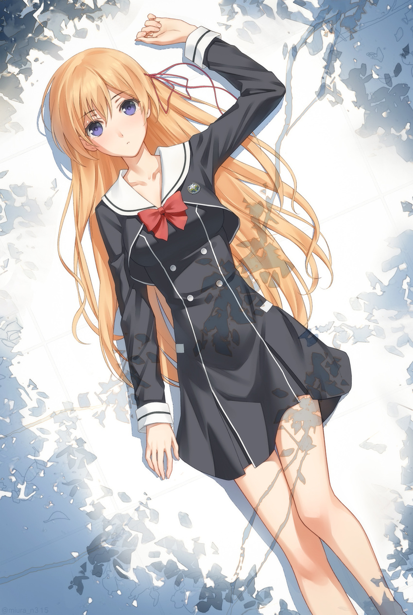 1girl, bangs, blonde_hair, blue_eyes, bow, breasts, chaos;child, dress