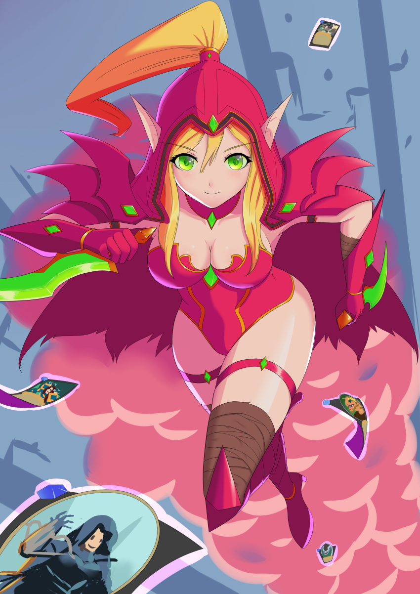 1girl, absurdres, armor, blonde_hair, dagger, dual_wielding, elf, gauntlets