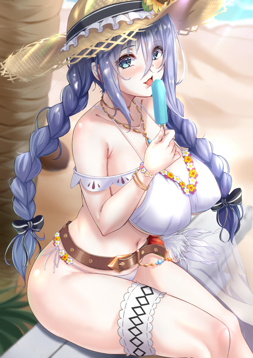 1girl, absurdres, aqua_eyes, beach, bikini, blue_hair, blurry, blurry_background