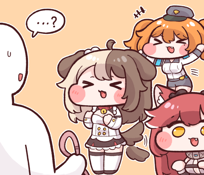 >_<, 1boy, 2girls, :3, ahoge, animal_ears, bell, blonde_hair