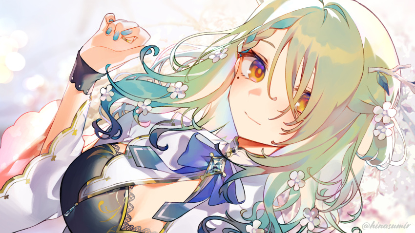 1girl, angle, bangs, braid, branch, breasts, ceres_fauna, flower