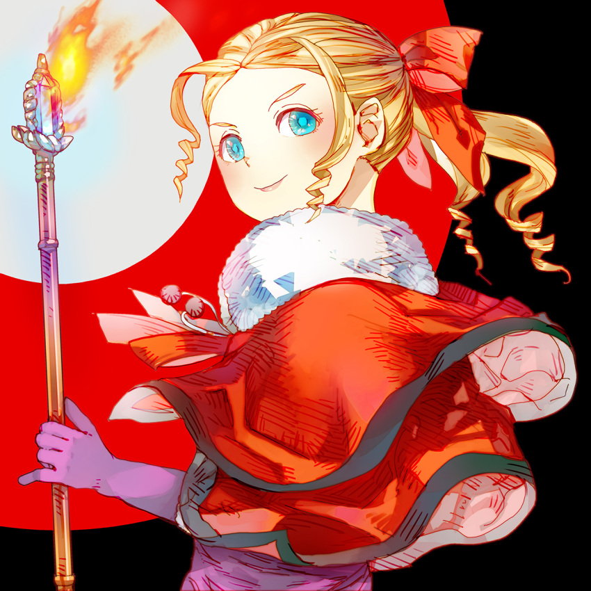 blonde_hair, blue_eyes, cape, curly_hair, fire, fur_trim, gloves, highres