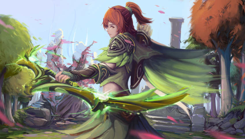 1girl, bangs, blue_sky, bow_(weapon), cape, defense_of_the_ancients, dota_2, gauntlets