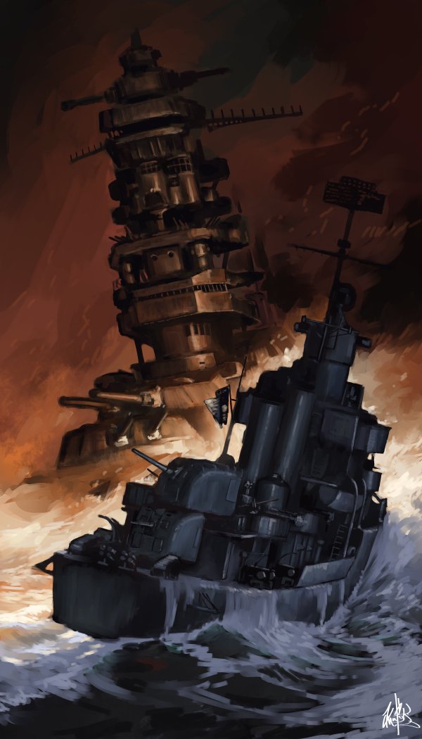 abe_yasushi_(umizoi_tibet), american_flag, battleship, cannon, destroyer, funnels, hiei_(battleship), imperial_japanese_navy