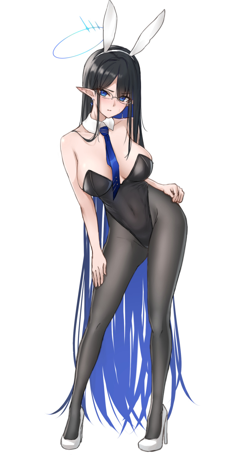 1girl, animal_ears, bangs, black_hair, black_legwear, black_leotard, blue_archive, blue_eyes