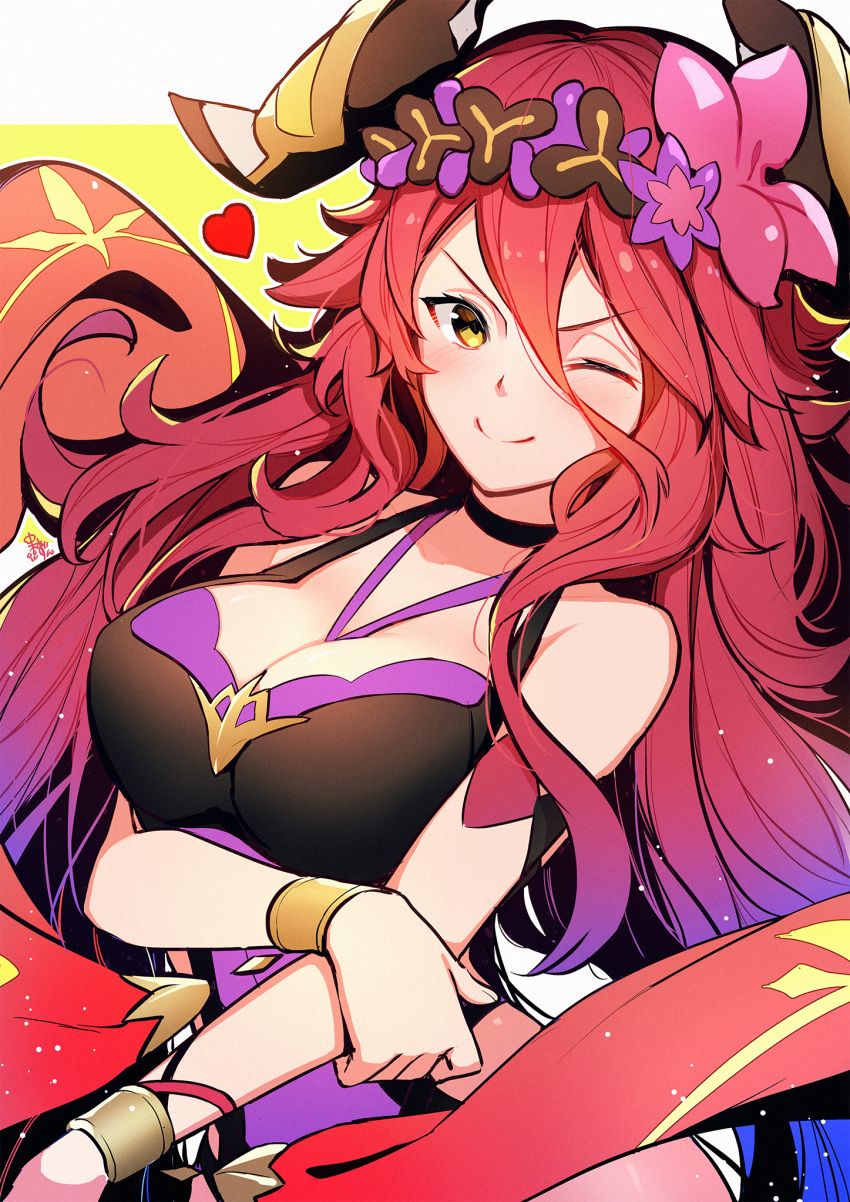 1girl, breasts, closed_mouth, dragalia_lost, flower, hair_flower, hair_ornament, highres