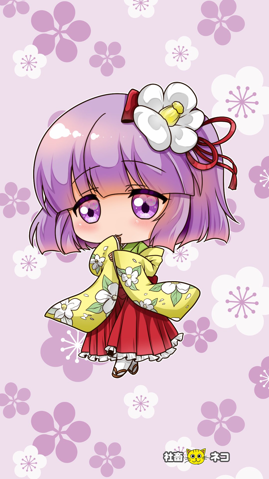 1girl, chibi, eyebrows_visible_through_hair, floral_print, flower, frilled_skirt, frills, green_kimono