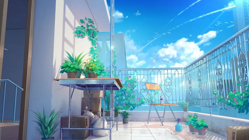 bag, bird, blue_sky, bottle, box, building, chair, chinese_commentary