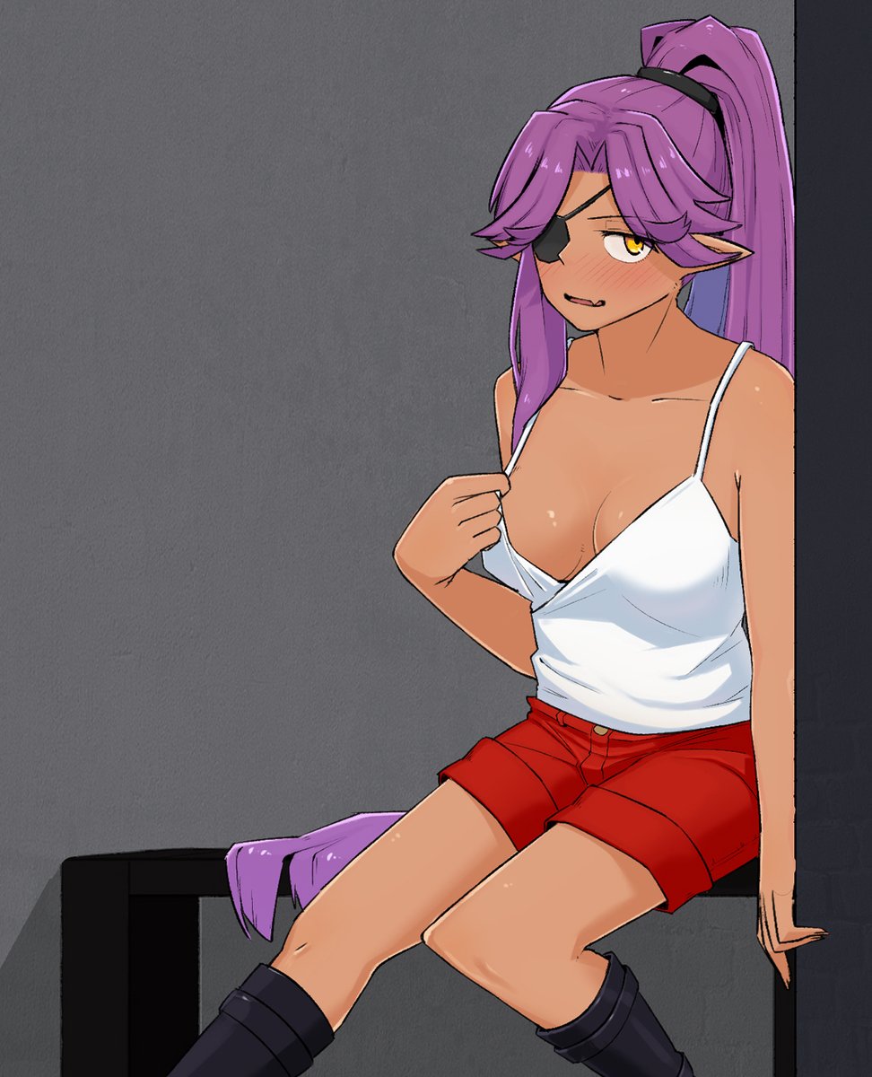 1girl, archived_source, bangs, black_footwear, blush, breasts, camisole, camisole_pull