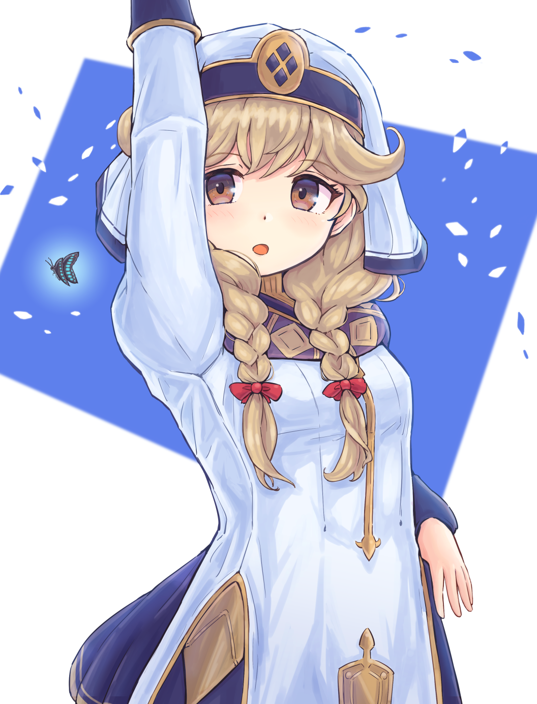 1girl, arm_up, blue_background, blush, braid, brown_eyes, brown_hair, bug