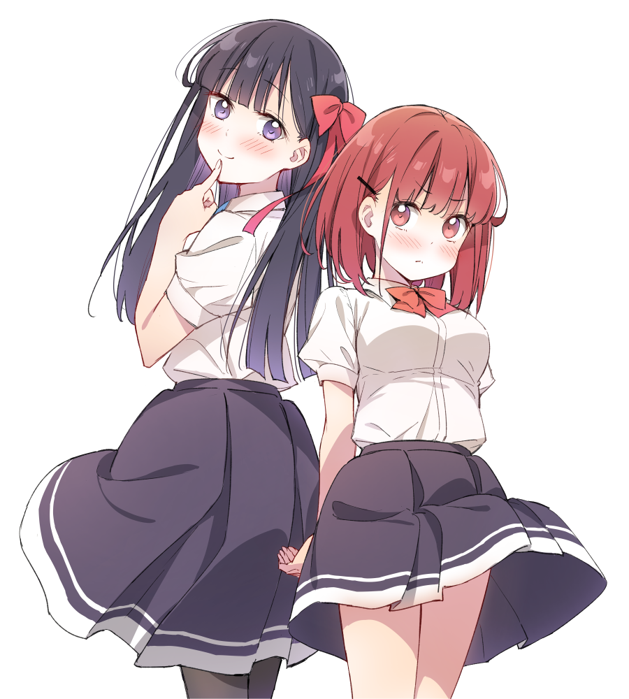 2girls, amae_sasete_hinamori-san!, arms_behind_back, back-to-back, bangs, black_hair, black_legwear, black_skirt