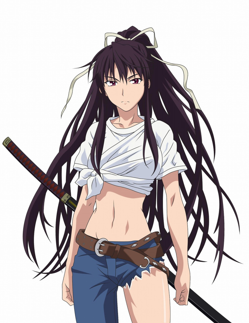 asymmetrical_clothing, belt, black_hair, breasts, brown_hair, face, hair_ribbon, highres