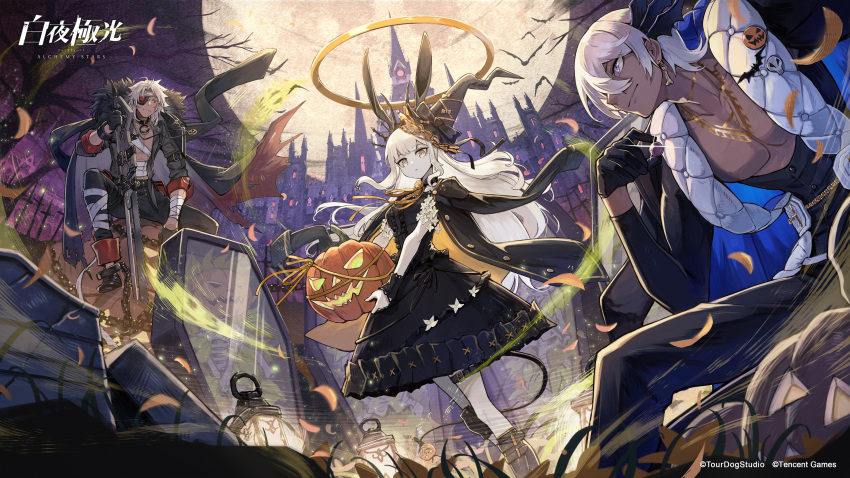 1girl, 2boys, absurdres, alchemy_stars, animal_ears, artist_request, bandaged_arm, bandaged_leg