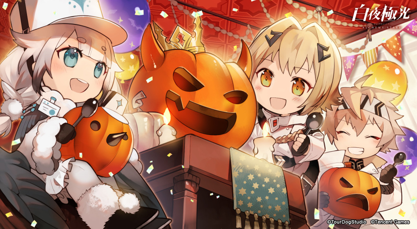 1boy, 2girls, alchemy_stars, artist_request, balloon, bangs, black_gloves, blonde_hair
