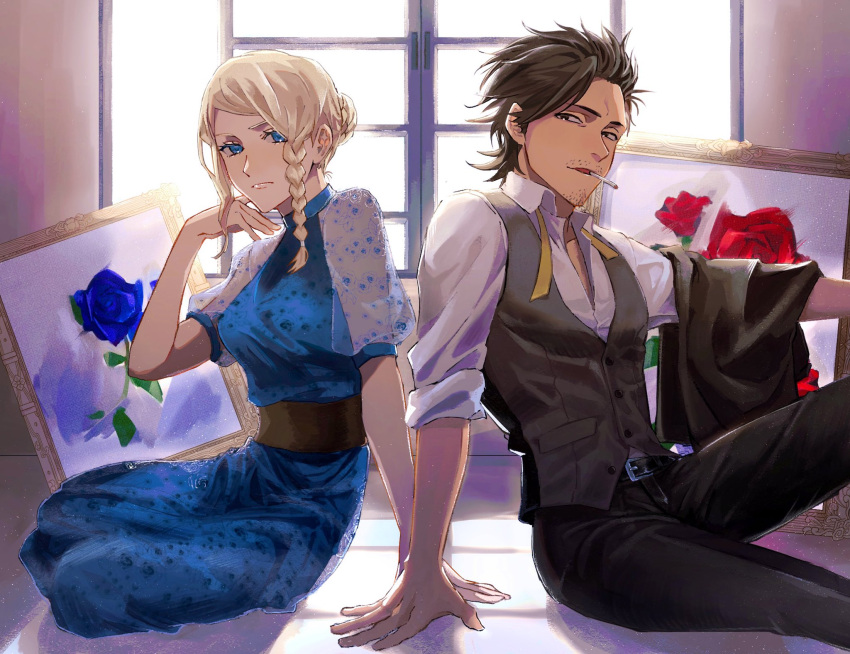 1boy, 1girl, arm_support, black_clover, black_hair, black_legwear, blonde_hair, blue_dress