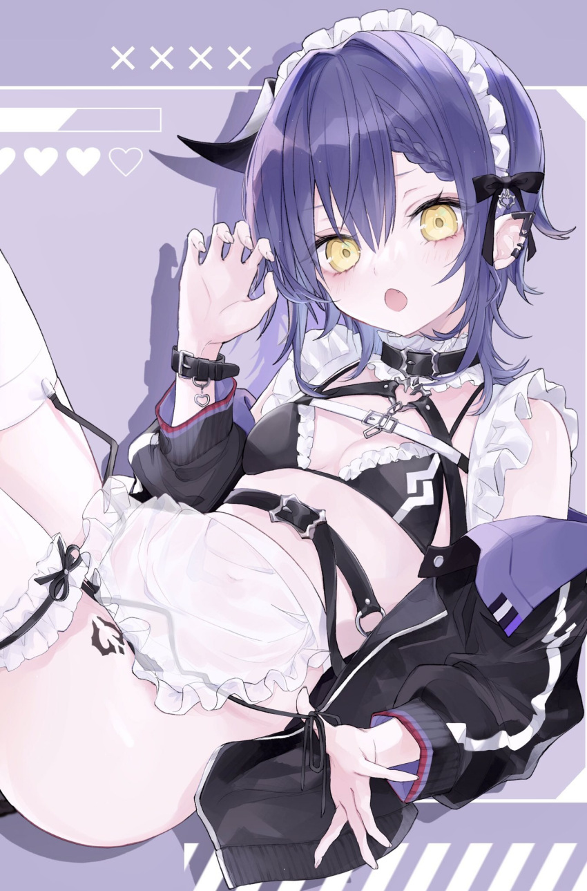 1girl, apron, bangs, belt, bikini, black_belt, black_bikini, black_collar