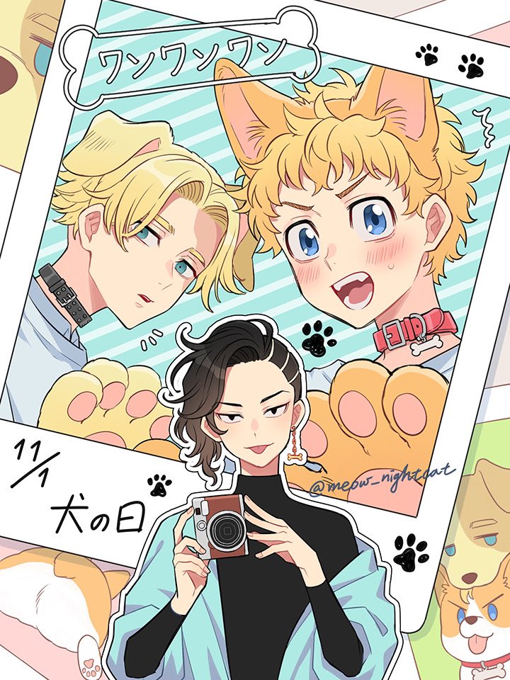 3boys, animal, animal_ears, animal_hands, asymmetrical_hair, bangs, black_collar, black_eyes, black_hair, black_shirt, blonde_hair, blue_eyes, blue_jacket, blush, camera, collar, dated, dog, dog_boy, earrings, hanagaki_takemichi, holding, holding_camera, inui_seishu, jacket, jewelry, kokonoi_hajime, long_sleeves, looking_at_viewer, male_focus, multiple_boys, nightcat, off_shoulder, open_mouth, picture_(object), red_collar, shirt, short_hair, single_earring, sweatdrop, tokyo_revengers, tongue, tongue_out, tsurime, white_shirt