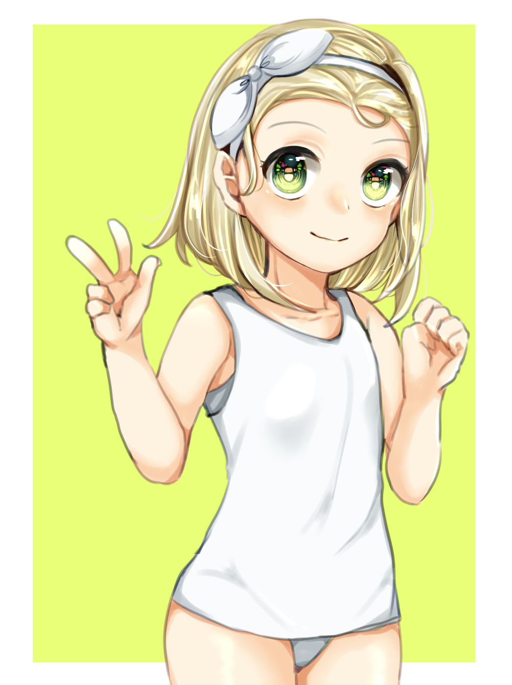 1girl, blonde_hair, collarbone, eyebrows, flat_chest, forehead, green_eyes, hairband