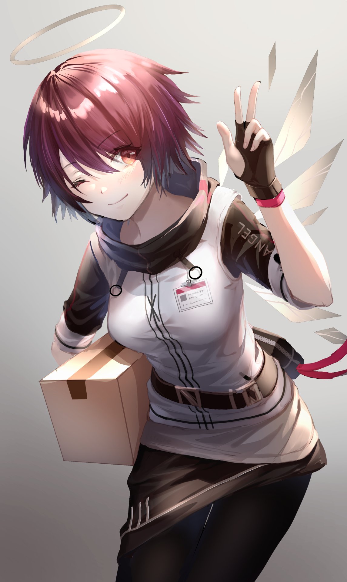 1girl, arknights, belt_pouch, black_gloves, black_legwear, black_skirt, black_sleeves, box