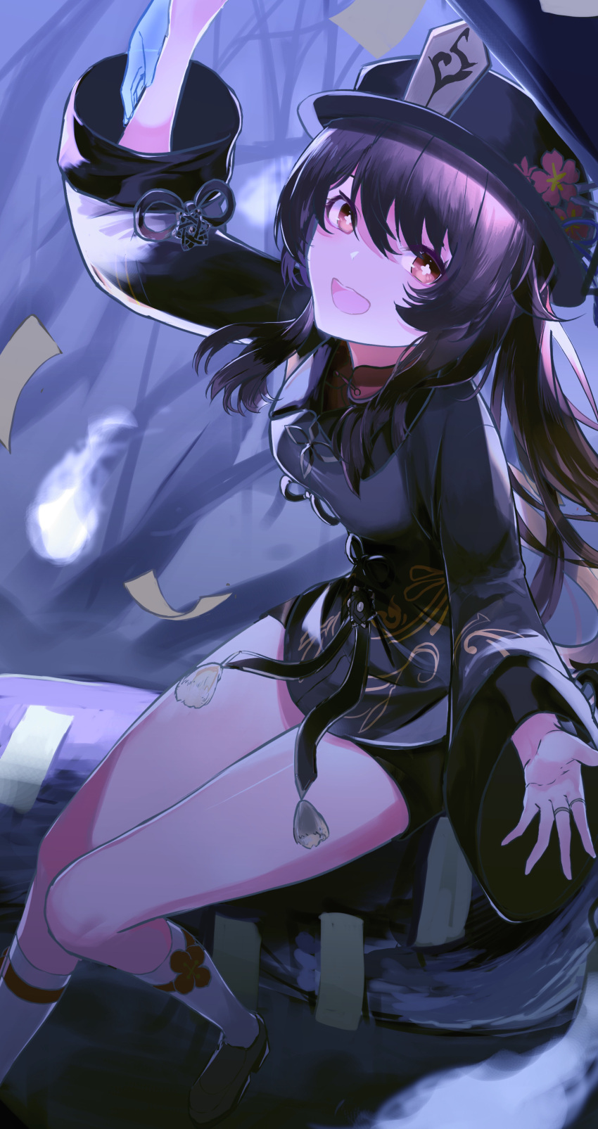 1girl, :d, absurdres, arm_up, bangs, black_headwear, black_shorts, brown_eyes