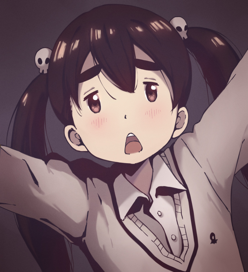 1girl, brown_background, brown_eyes, brown_hair, brown_theme, collared_shirt, commentary, dead_dead_demons_de_dedede_destruction