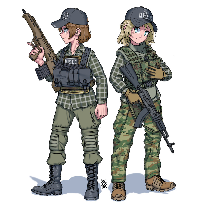2girls, absurdres, ak-103, ammunition_pouch, bangs, baseball_cap, black_footwear, black_headwear