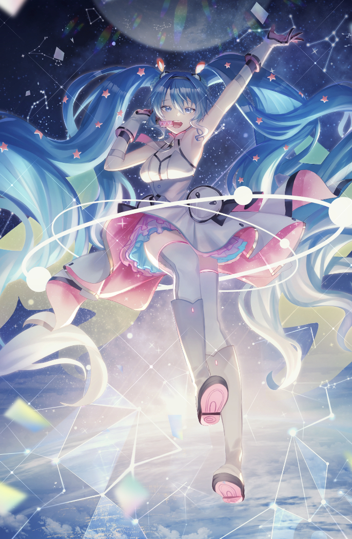 1girl, absurdly_long_hair, aono_99, arm_up, armpits, bare_shoulders, blue_eyes, blue_hair