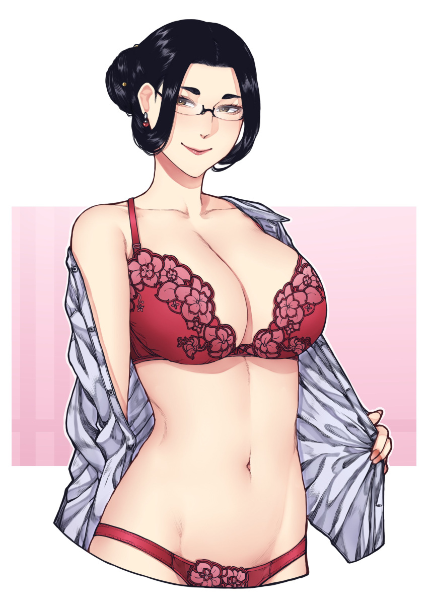 absurdres, black_hair, breasts, earrings, floral_print, glasses, hair_bun, highres, jewelry, lace-trimmed_legwear, lace-trimmed_panties, lace_trim, lingerie, lips, medium_breasts, nattapuumuu, navel, open_clothes, open_shirt, original, panties, shirt, simple_background, smile, underwear, upper_body