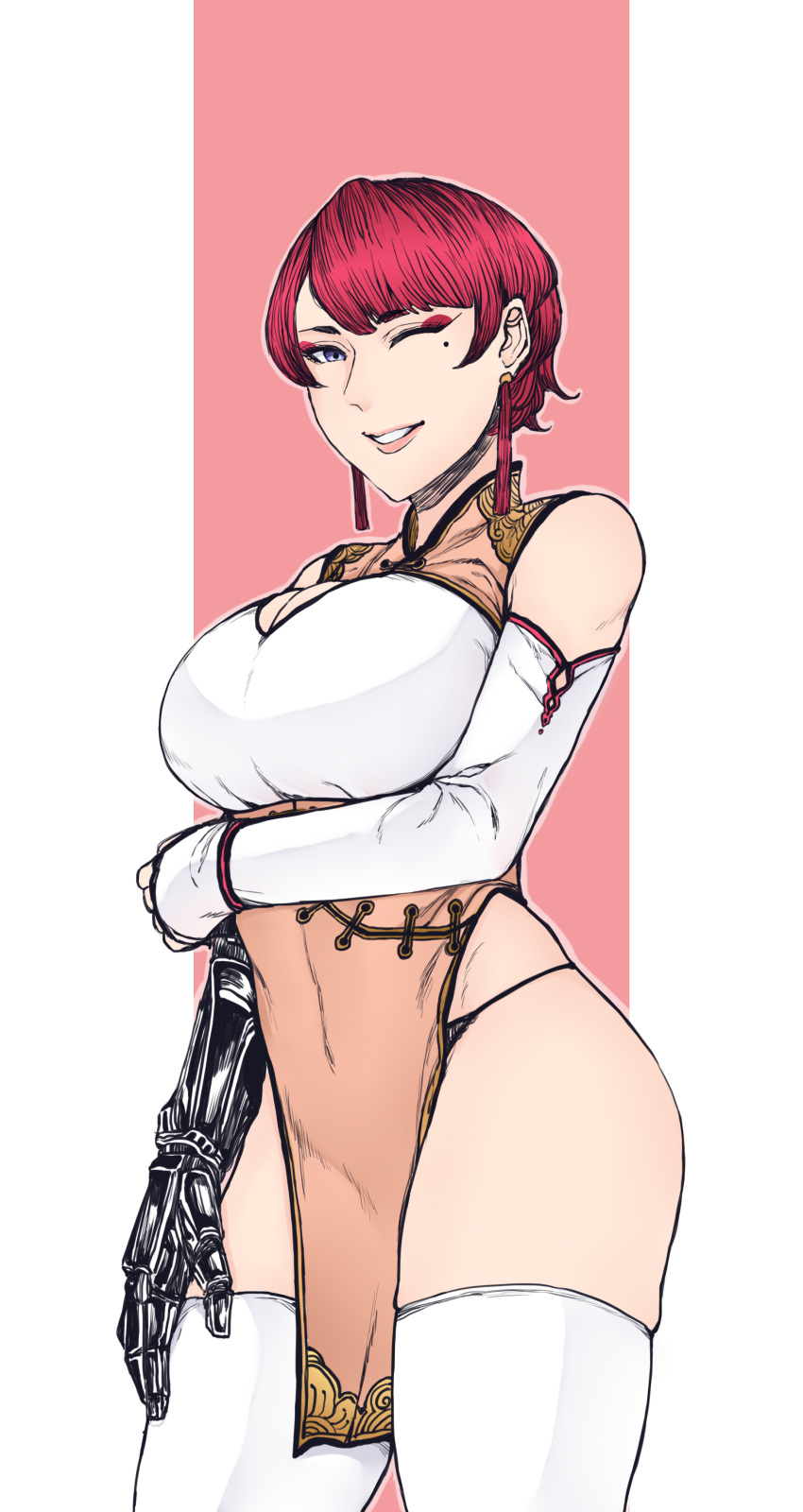 1girl, absurdres, bangs, bare_shoulders, breasts, china_dress, chinese_clothes, commentary