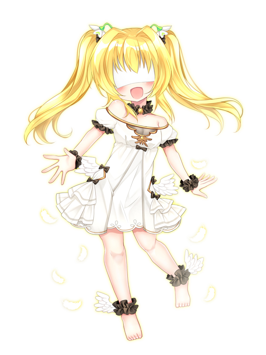 1girl, :d, ankle_cuffs, bangs, bare_shoulders, barefoot, blindfold, blonde_hair