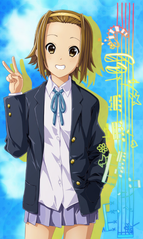 brown_hair, grin, hairband, k-on!, school_uniform, short_hair, smile, solo