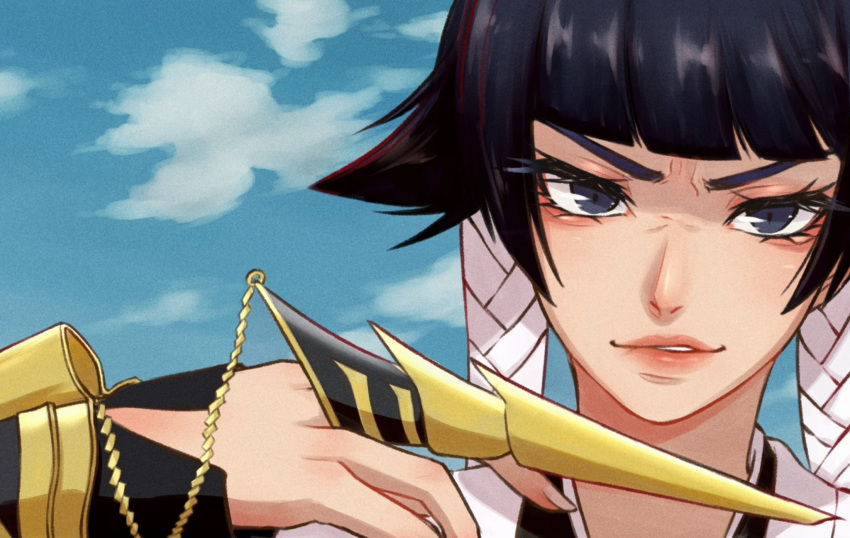 1girl, bangs, black_eyes, black_hair, bleach, blue_sky, blunt_bangs, claw_ring