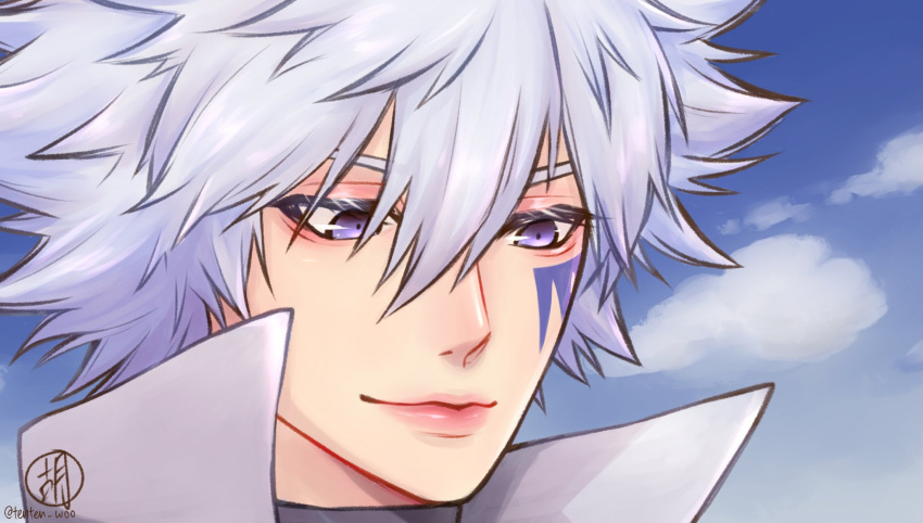 1boy, blue_background, blue_sky, closed_mouth, copyright_request, derivative_work, hair_between_eyes, high_collar