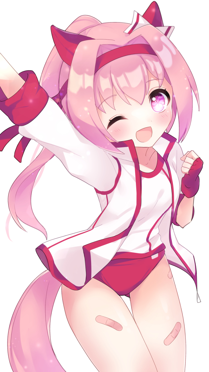 1girl, animal_ears, arm_up, ass_visible_through_thighs, bandaid, bandaid_on_leg, bow, buruma