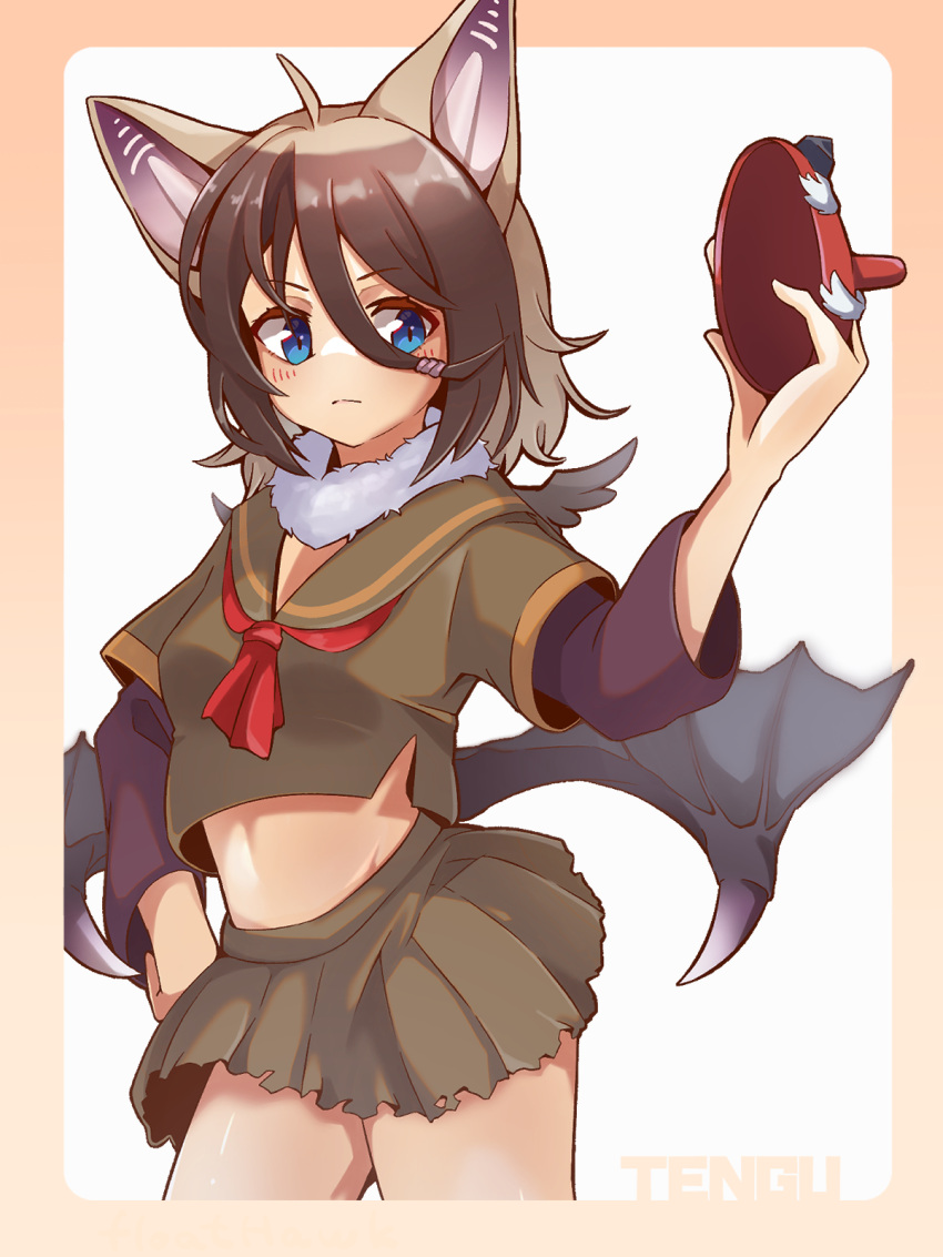 1girl, animal_ears, bat_ears, bat_girl, bat_wings, blue_eyes, blush, brown_hair, commentary_request, cowboy_shot, eyebrows_visible_through_hair, fur_collar, gandr1229, green_shirt, green_skirt, hand_on_hip, highres, hilgendorf's_tube-nose_bat_(kemono_friends), kemono_friends, long_sleeves, mask, midriff, neckerchief, necktie, pleated_skirt, red_necktie, sailor_collar, school_uniform, serafuku, shirt, short_hair, short_sleeves, skirt, solo, tengu_mask, torn_clothes, wings