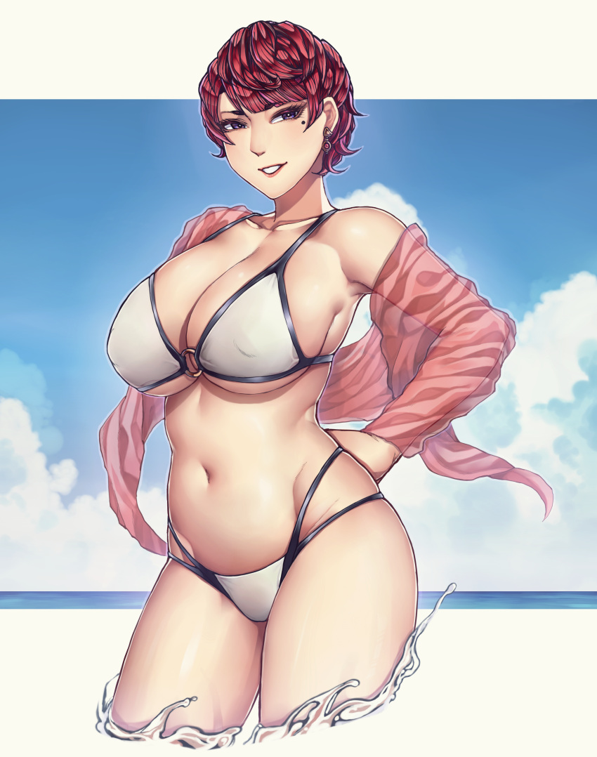 1girl, absurdres, bangs, bikini, breasts, clouds, cloudy_sky, commentary