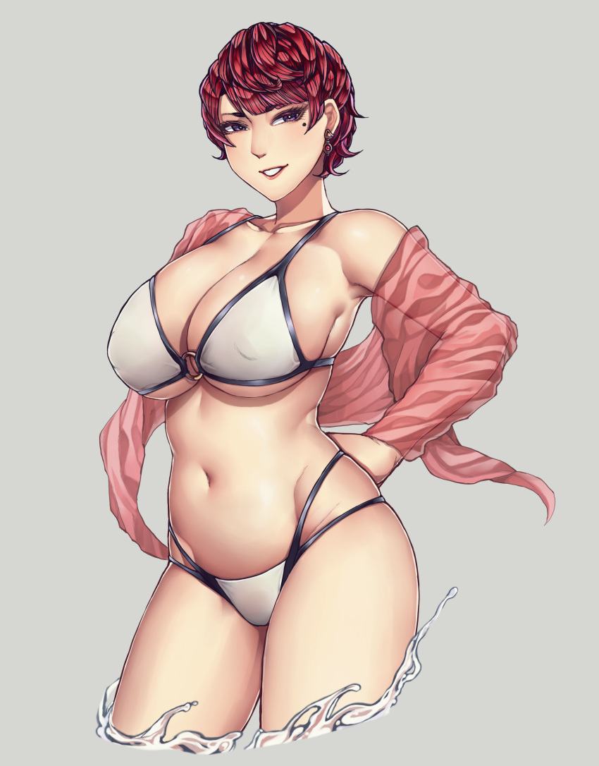 1girl, absurdres, bangs, bikini, breasts, commentary, earrings, english_commentary