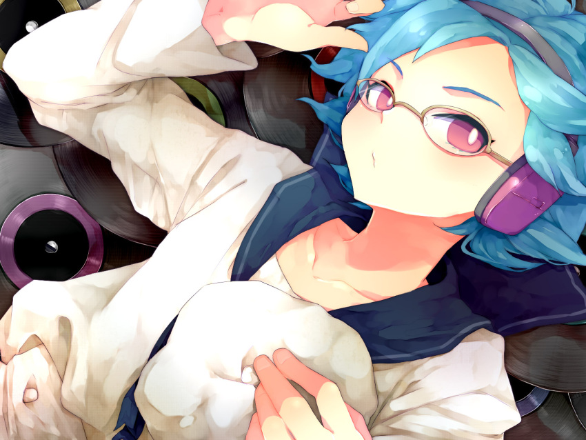 blue_hair, discs, glasses, headphones, inazuma_eleven, male, otomura_gakuya, records, solo, violet_eyes