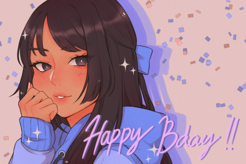 1girl, absurdres, blue_sweater, blush, bow, bright_pupils, brown_eyes, brown_hair, fingernails, hair_bow, hand_up, happy_birthday, highres, hood, hood_down, hoodie, long_hair, long_sleeves, looking_at_viewer, mugen0017, nail_polish, original, parted_lips, pink_nails, smile, solo, sweater, upper_body, white_pupils