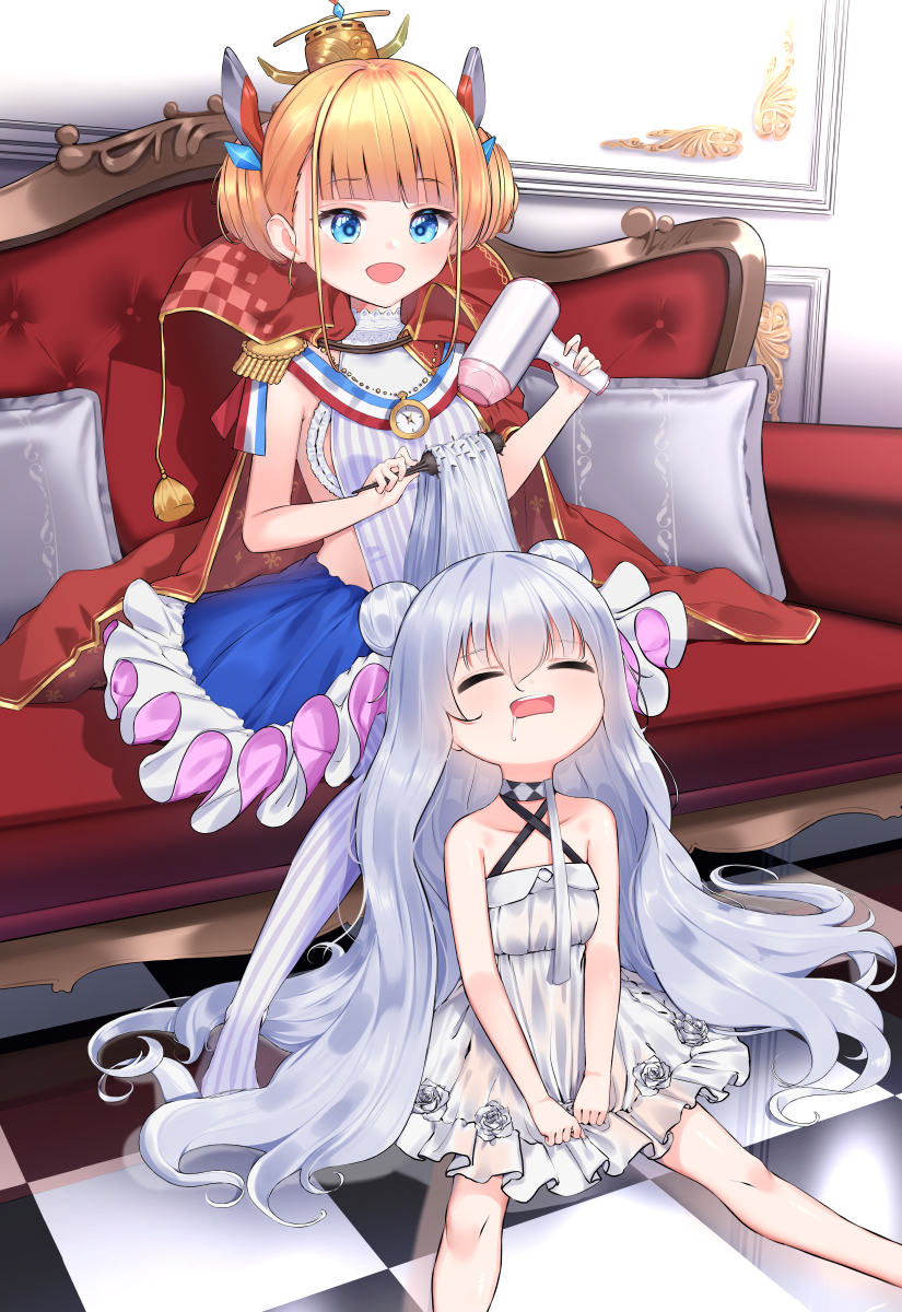 2girls, azur_lane, bare_legs, bare_shoulders, behind_another, blonde_hair, blue_eyes, blue_skirt