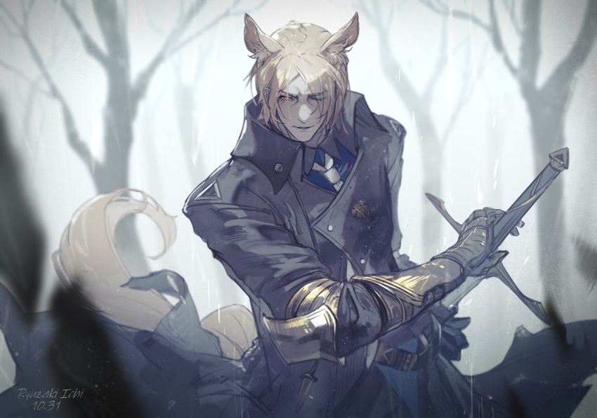 1boy, animal_ears, arknights, armor, bangs, blonde_hair, coat, looking_at_viewer