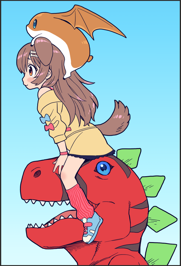 1girl, :3, animal_ears, blue_background, blue_bow, blush, bone_hair_ornament, bow, crossover, digimon, dog_ears, dog_tail, hair_ornament, hololive, inugami_korone, jacket, long_hair, patamon, red_bow, sabaku_chitai, smile, tail, tyranomon, yellow_jacket