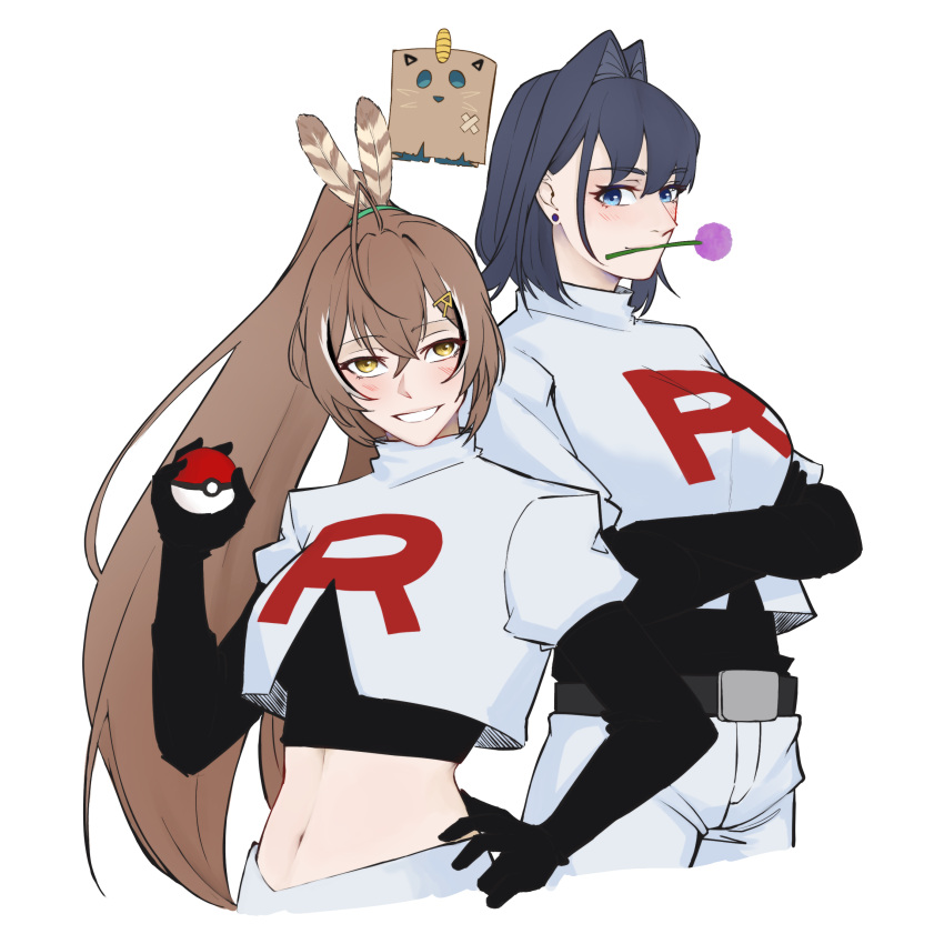2girls, absurdres, allium_(flower), bag, blue_hair, breasts, brown_hair, cosplay