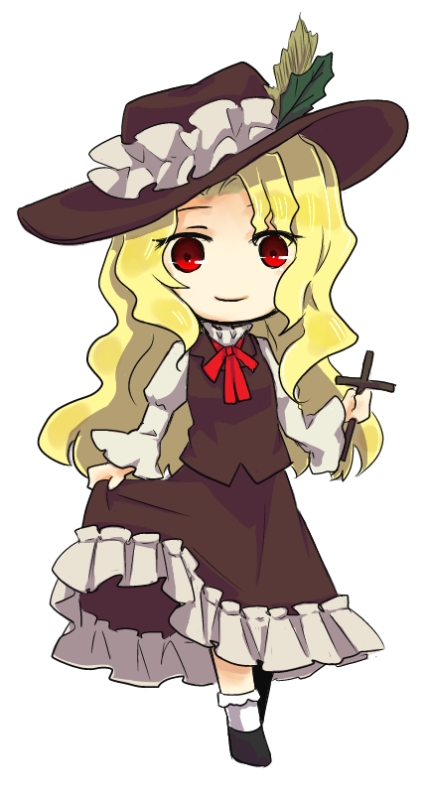 1girl, artist_request, bangs, black_footwear, blonde_hair, brown_headwear, brown_vest, chibi