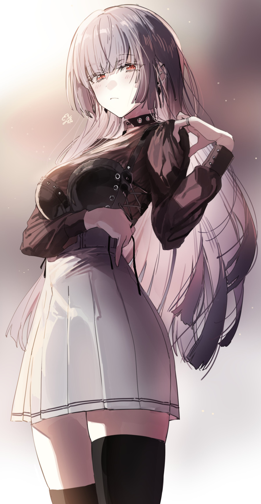1girl, absurdres, angry, asymmetrical_legwear, bangs, black_choker, black_legwear, blush