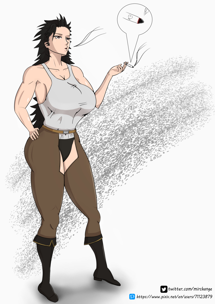 1boy, ass, black_clover, black_hair, breasts, ecchi, fanart, female, gender_bender, genderswap, lips, mirchange, open_mouth, pixiv, smoke, smoking, tsf, twitter_username, undershirt, yami_sukehiro
