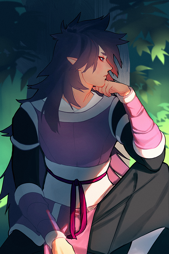 1boy, fengxi_(the_legend_of_luoxiaohei), hand_up, hikazio, knee_up, leaf, long_hair, plant