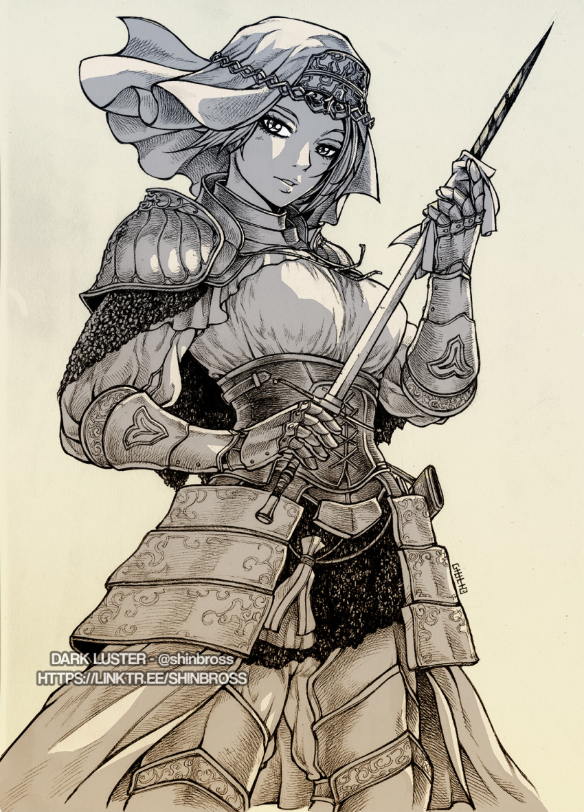 1girl, armor, commentary_request, corset, dark_souls_(series), dark_souls_iii, english_commentary, gauntlets, highres, holding, holding_sword, holding_weapon, looking_at_viewer, mixed-language_commentary, monochrome, shinbross, shoulder_armor, sirris_of_the_sunless_realms, sword, weapon