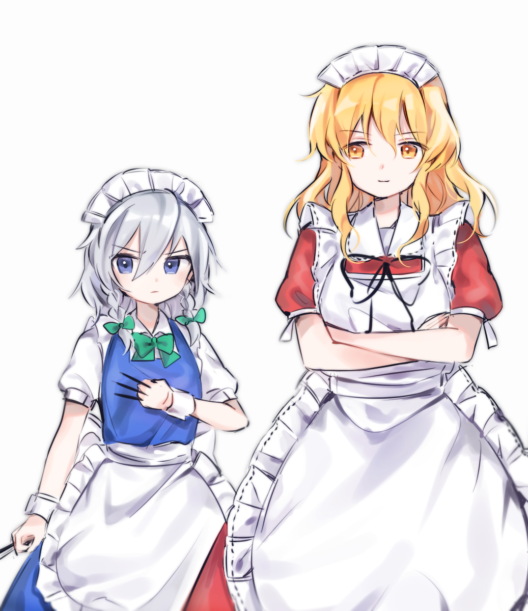 2girls, apron, back_bow, between_fingers, black_ribbon, blonde_hair, blue_dress, blue_eyes
